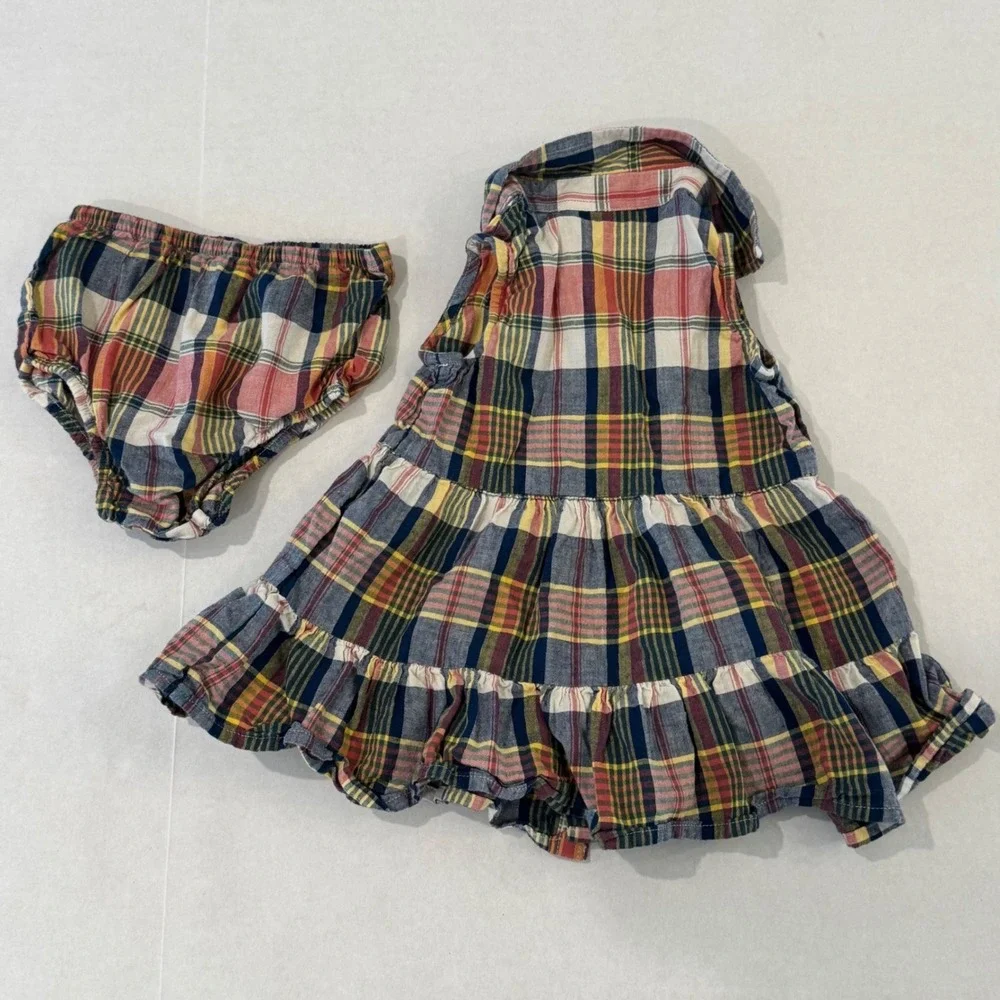 Ralph Lauren Plaid Preppy Shirtdress Baby 3M Multicolor Tiered Ruffle Cotton